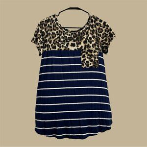 Leopard Yoke Navy Striped Short Sleeve Tee size M